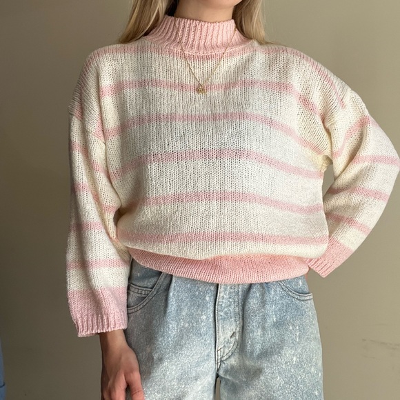 Vintage 80s 90s Pastel Pink White Striped Sweater - Picture 2 of 5
